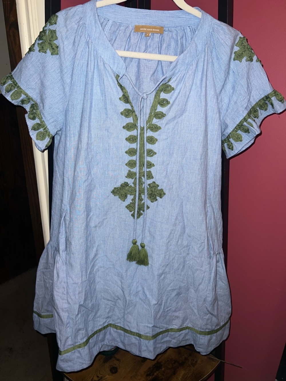 Light Blue Embroidered Dress with Green Trim